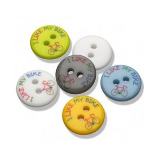 15mm Kunststoffknopf "I like my bike", hellblau